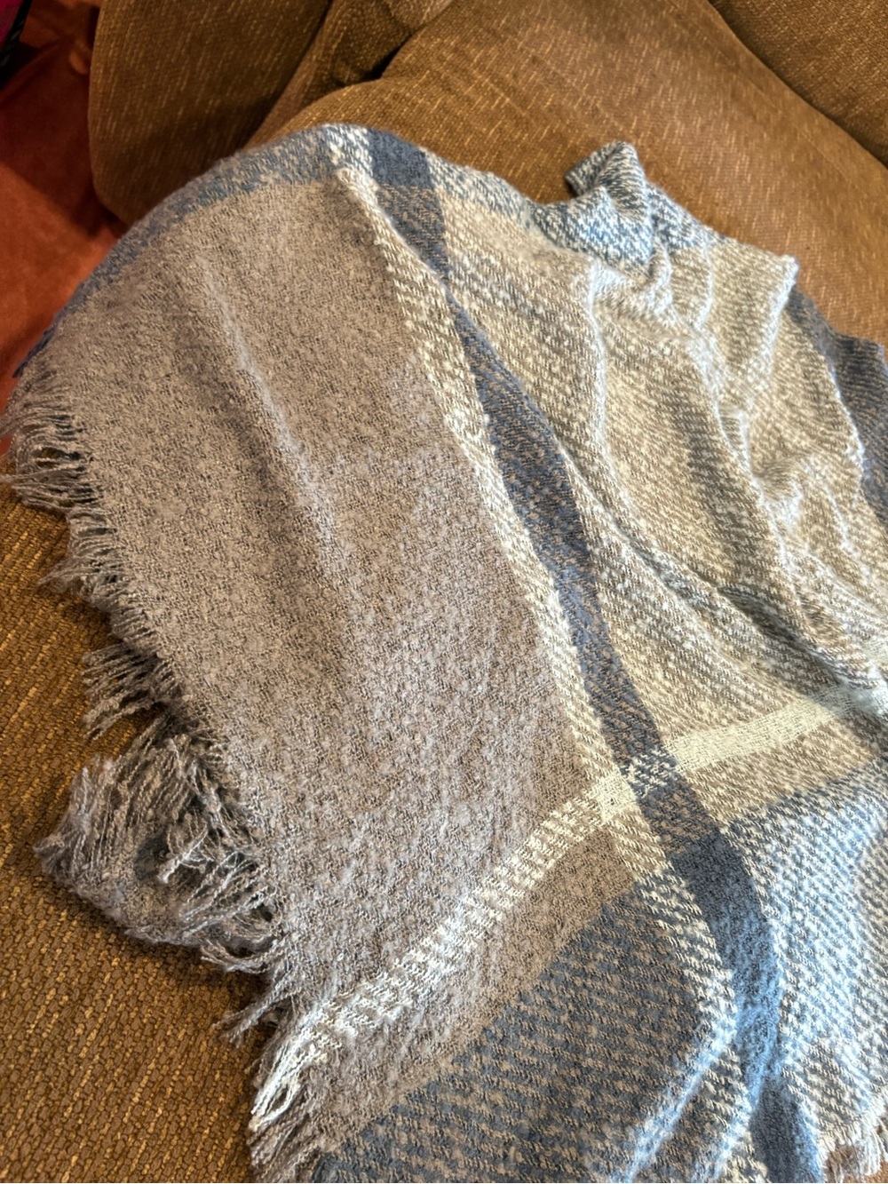 Plaid Hooded Wrap Shawl in Blue and Gray - Picture 9 of 9